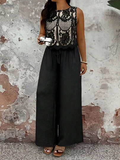 Weeklong Plus Size Women's Sleeveless Lace Contrast Color Matching Casual Vacation Outfit, Spring/Summer