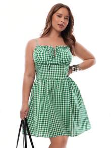 Solavibe 大码女士休闲度假连衣裙，前系腰带A字型格纹面料，春夏款 - 綠色 - 查看 9