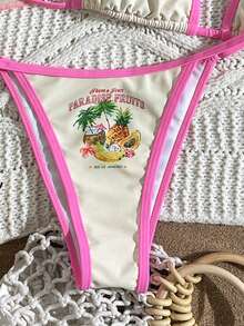 Swim Vcay 女士三件套泳装：水果印花挂脖比基尼上衣，网纱罩衫，甜美时尚，适合海滩度假 - 彩色 - 查看 5