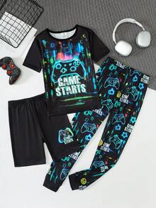 3 Stück/Set Jungen süßer Video-Spiel leuchtender Muster Eng anliegendes Kurzarm T-Shirt + Shorts + Lange Hose Pyjama Set - Schwarz - Übersicht 5
