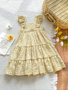 Vintaside Kids 女童夏季休闲格子雏菊印花连衣裙 - 黃色 - 查看 2