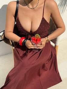 Dazy Plus 大码纯色吊带无袖优雅简约夏季睡裙邮轮装女式连衣裙 - 酒紅色 - 查看 8