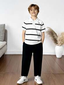 SHEIN 2pcs Boys' Outfit, Summer New Fashion Casual Elegant Striped Print Half-Zip Polo Shirt + Solid Black Straight Leg Pants Set, Suitable For Daily Outings, Gatherings, Commuting, Business Events, Summer - Black and White - View 8