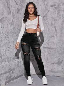 Flexra Jeans pitillo con dobladillo deshilachado y desgastado, estilo casual y chic para uso diario y trayectos - Negro - Ver 5