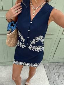 SHEIN Frenchy Set 2 buc. femei model contrastant culori top fără mâneci și fustă mini - Albastru marin - Vizualizare 7