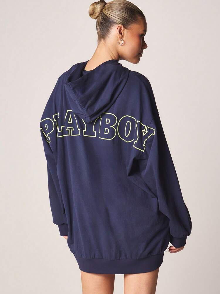 Missguided x Playboy Oversized Hoodie T-Shirt Dress With Logo Embroidery Long Sleeve Pullover Crew Neck Mini Casual Fall Winter Sweatshirt Dress