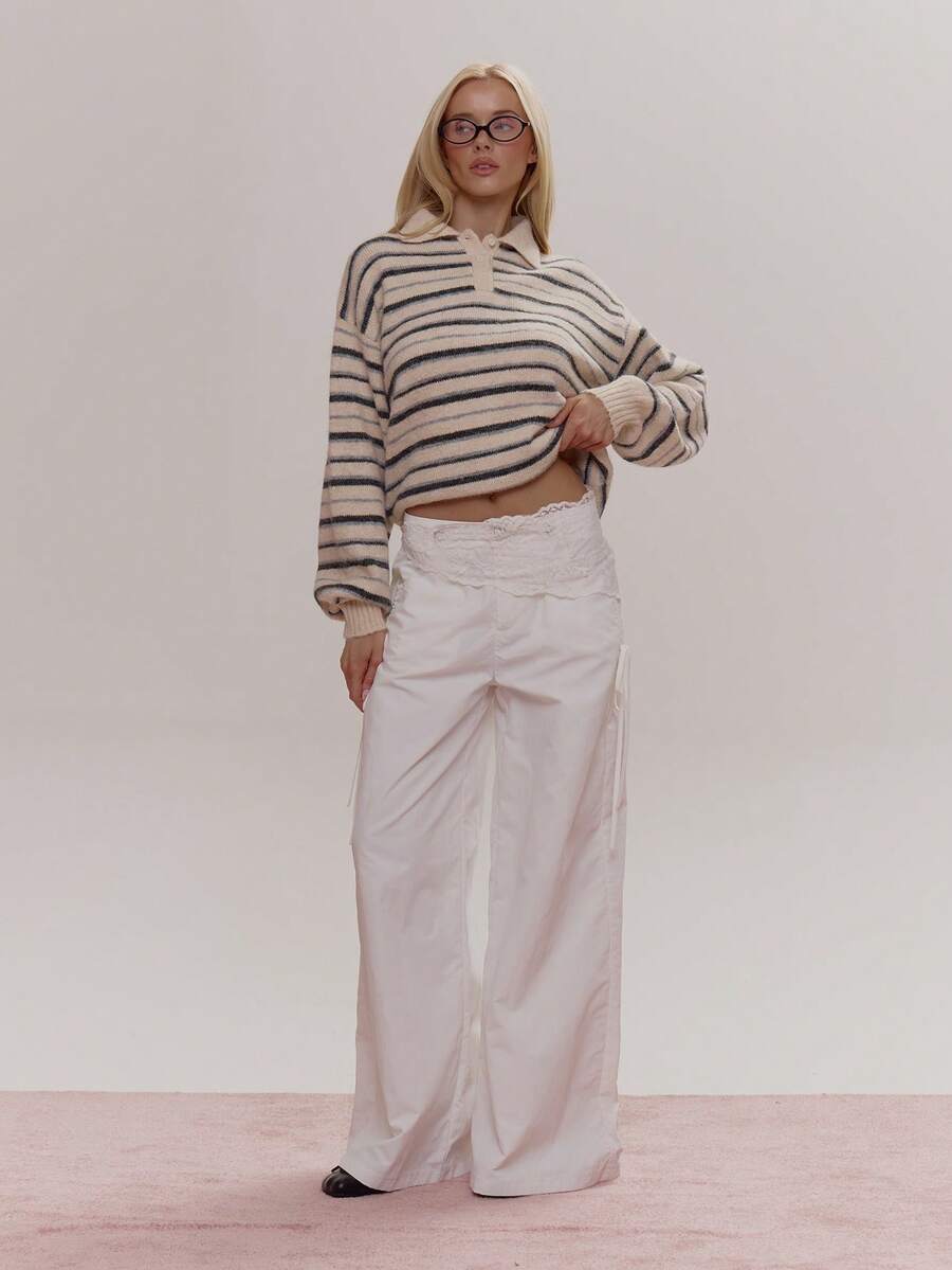 MUSERA 系带阔腿宽松修身裤，可爱少女性感，适合春冬季外出日常穿着，复活节糖果色 - 奶油色 - 查看 1