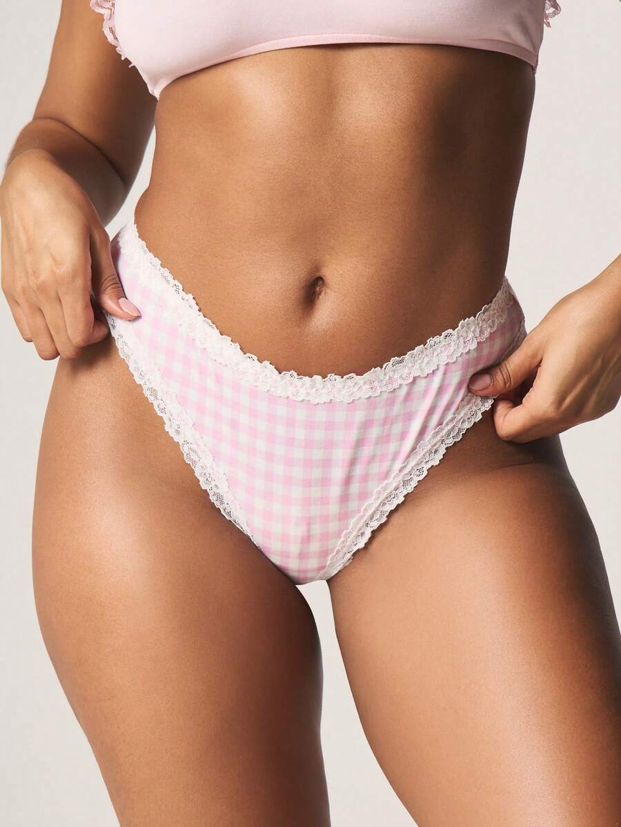 MISSGUIDED Gingham Checkered Briefs With Delicate Lace Trim Edging Hipster Cut Underwear For Everyday Comfort And Style - Multicolor - View 1