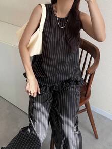 FRIFUL Women's Striped Ruffle Sleeveless Top And Wide Leg Pants Suit, Fashionable For Commuting And Office Wear - Black - View 5