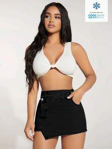 SHEIN PETITE 純色包臀休閒日常牛仔短褲，夏季，小碼女款 - 黑色 - 查看 3