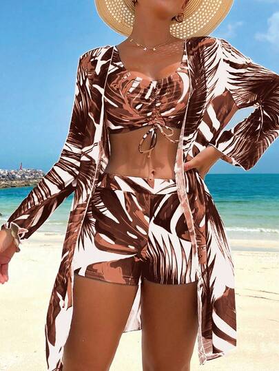Swim Lushoire Summer Outfits For Women Women's Tropical Plant Print Bikini Set With Front Tie Cheeky Shorts, Long Sleeve Kimono Cover-Up For Vacation Summer Bathing Suit 3 Piece Set