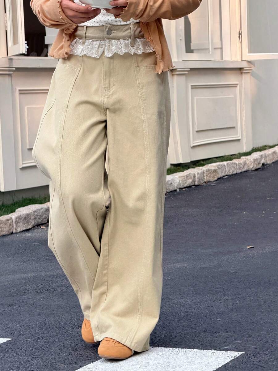 DAZY Tween Girls' Pocketed Button & Lace Patchwork Casual Versatile Everyday Wear Wide Leg Jeans - Khaki - View 1