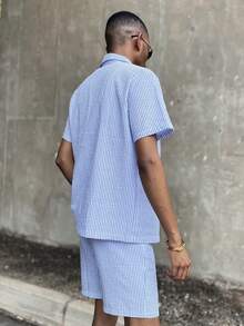 Ngobest Haus Ngobest Haus Men's Fashion Bubble Stripe Breathable Contrast Color Button Top & Slant Pocket Drawstring Casual/Business Shorts Set, Summer, Cozy Outfits - Blue - View 2