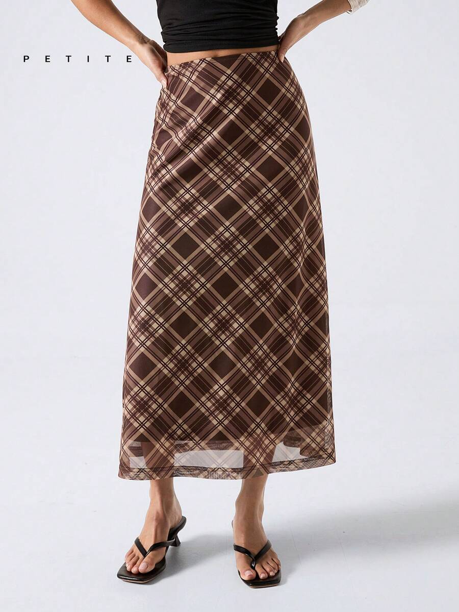 LYSMO Petite 2026新款极简主义春夏女式棕色休闲格纹网纱长裙，适合外出穿着，街头休闲风 - 咖啡棕 - 查看 1