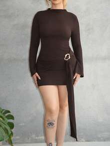 Arliah Waist-Cinched Minimalist Flare Sleeve Bodycon Cinched Waist Dress - Coffee - View 6