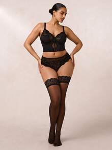 SHEIN BAE Plus Size Women Contrast Lace Sexy Lingerie Set (1 Pair Stockings) - Black - View 4