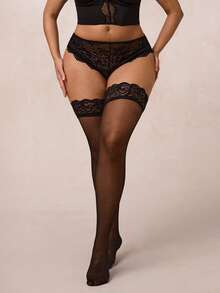 SHEIN BAE Plus Size Women Contrast Lace Sexy Lingerie Set (1 Pair Stockings) - Black - View 5