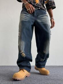 PAVTROS Jeans de pierna ancha casual y versátil para uso diario con diseño desgastado para hombres - Azul - Ver 5