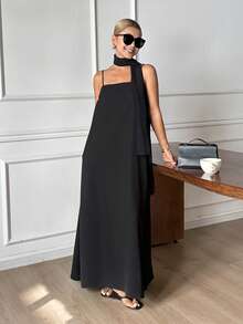 DAZY Vestido suelto de línea A con tirantes de unicolor y cinturón, vestido casual elegante para primavera y verano - Negro - Ver 3