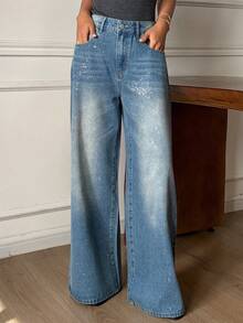 Western Cowgirl Distressed Loose Wide Leg Jeans, Shiny Silver Casual Street Style For Women, Spring/Summer - Blue - View 1