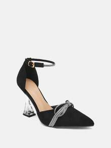 Glitzique 秋冬时尚蝴蝶结装饰粗跟尖头鞋，搭配白色/黑色连衣裙，适合情人节、优雅派对等场合。 - 黑色 - 查看 3