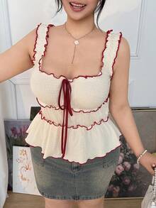 CovetEZ Plus-Size Cute Red Ruffled A-Line Stretch Camisole, Sweet And Fresh Style. - Beige - View 4