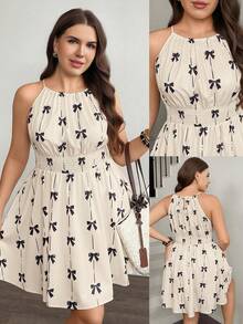SHEIN LUNE Plus Size Women's Cute Halter Neck Dress With Bow Print,Summer Holiday Beach Sundress,Black And White Vacation Carnival Outfit Valentine's Day - Apricot - View 2