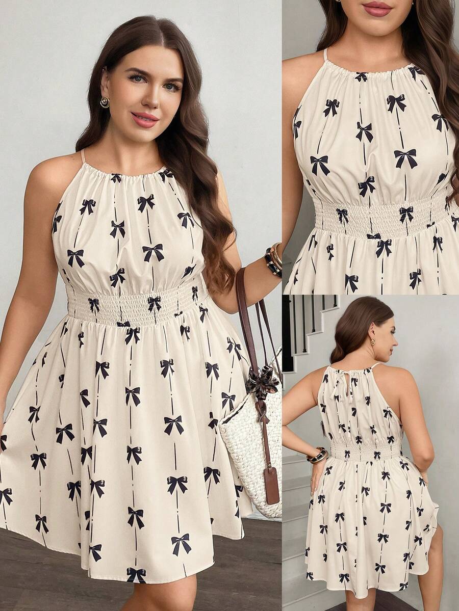 SHEIN LUNE Plus Size Women's Cute Halter Neck Dress With Bow Print,Summer Holiday Beach Sundress,Black And White Vacation Carnival Outfit Valentine's Day