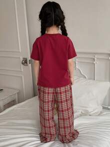 DAZY Young Girl Letter Print Short Sleeve Top And Plaid Pants Pajama Set - Red - View 6