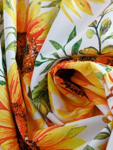 Sweetra Sunflower Print Waist Cinched Long Dress - Yellow - View 7