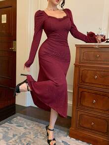 DAZY Women's Solid Color Sweetheart Neck Puff Sleeve Long Sleeve Elegant Dress, Back To School Season Dress - Burgundy - View 7