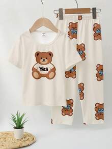 2pcs/Set Toddler Boys' Cute Bear Graphic Knit Short Sleeve Top And Loose Fit Bear Print Pants Casual Homewear Set - Apricot - View 3