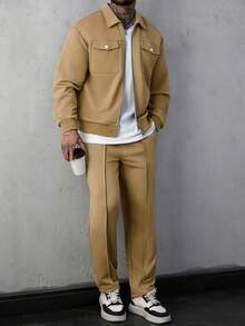 SLATEMANN Men's Casual Loose Fit Drop Shoulder Long Sleeve Jacket Set, Versatile Daily Wear - Khaki - View 3