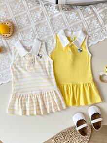 Playful Pals 两件套女婴翻领Polo衫式无袖连衣裙，荷叶边下摆，可爱蜜蜂刺绣，黄白条纹，休闲活力夏日连衣裙，适合日常穿着或旅行 - 黃色 - 查看 10