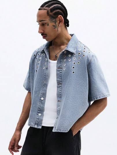 SUMWON Men Oversized Short Sleeve Denim Shirt With Metal Eyelet Details Button Down Casual Summer Streetwear Style Top