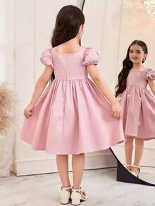 SHEIN Đầm dệt màu trơn cổ vuông tay phồng trang trí nơ cho bé gái - Hồng - Xem 6