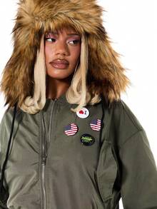 SUMWON WOMEN Badge Detail Bomber Jacket With Fur Trim Hood Ribbed Cuffs Patch Pockets Military Inspired Outerwear - Army Green - View 5
