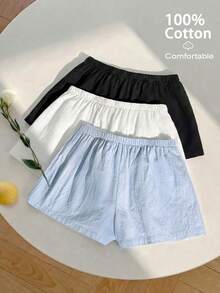 GlowEve 3件套女士休闲纯色弹力腰抽绳宽松短裤套装，适合日常穿着，棉质短裤，夏季短裤，女士家居服短裤，舒适短裤 - 彩色 - 查看 2