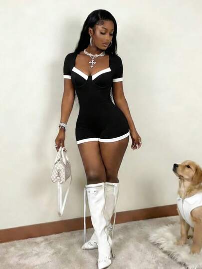 BamGleam Spring/Summer Sexy Divas Short Sleeve Black Jumpsuit, Y2K Casual Color Blocking Curve Romper,Slay Diva Unitard