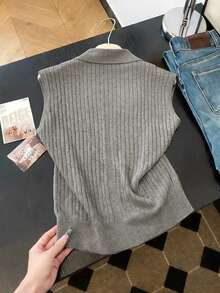 Nubod 2026 Chaleco de punto con cuello en V, botones de perla y diseño minimalista y versátil, adecuado para uso diario, para mujeres de talla grande - Gris - Ver 2