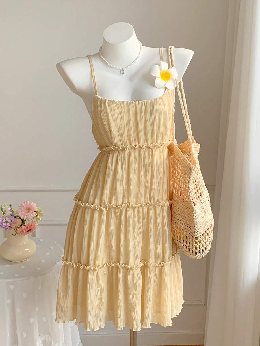 Comfortcana Đầm ngắn hai dây màu trơn dáng casual dành cho nữ, thích hợp cho kỳ nghỉ hè. - Màu vàng - Xem 1