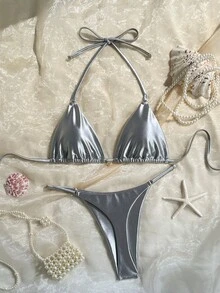 Swim SXY 女士金属银色面料比基尼套装，性感丁字裤，金属配饰，时尚休闲沙滩度假风挂脖泳装 - 銀色 - 查看 2
