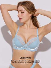 LUVLETTE Woman Blue Lingerie Full Coverage Support&Breathable Underwire Sexy Unlined Sheer Minimizer Lace Bra - Blue - View 2