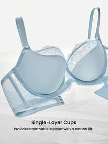 Plus  Woman Blue Lingerie Full Coverage Support&Breathable Underwire Sexy Unlined Sheer Minimizer Lace Bra - Blue - View 10