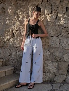 CasuGlow Sleeveless Crop Top And Wide-Leg Pants Set With Black Polka Dot Print - Multicolor - View 4