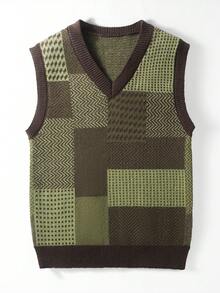 Chillumni Men's Casual Contrast Plaid Knit Vest, Spring/Autumn Olive Green Top Men Men's Sweater Vest Green Vest Men - Multicolor - View 1