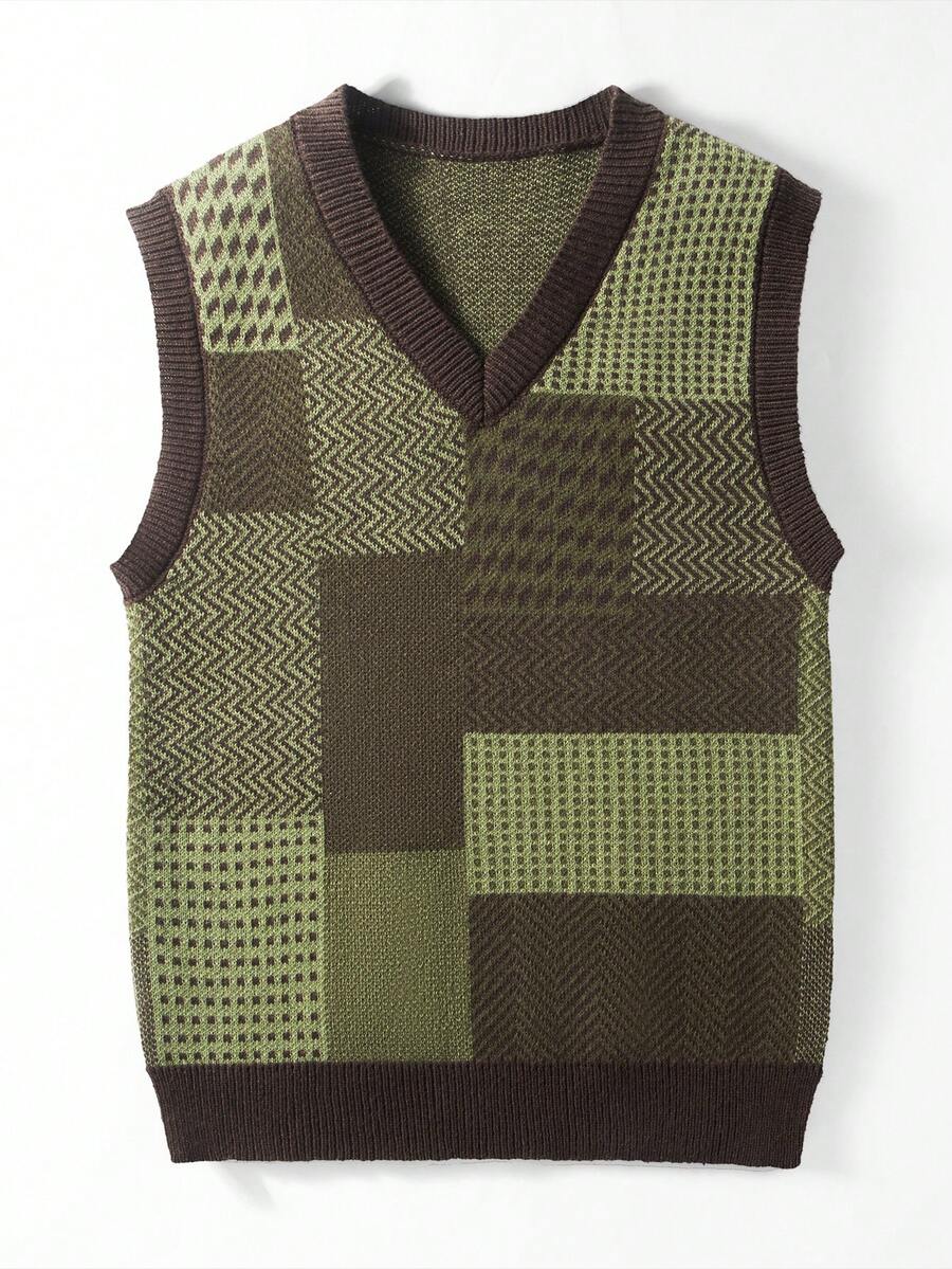 Chillumni Men's Casual Contrast Plaid Knit Vest, Spring/Autumn Olive Green Top Men Men's Sweater Vest Green Vest Men - Multicolor - View 1