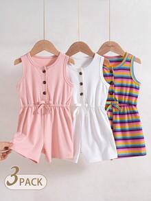SHEIN Playful Pals 3件組女嬰幼兒可愛休閒Y2K粉色條紋彩色彩虹素色羅紋針織無袖鈕扣連身褲夏季度假套裝 - 彩色 - 查看 9