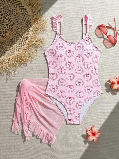 SHEIN Tween Girl Pink Floral Printed One-Piece Swimsuit With Heart, Cherry, Bow Patterns And Ruffle Shoulder Straps, Comes With Light Pink Mesh Sarong Skirt With Side Pleats, Tie Waist And Ruffle Hem, Suitable For Beach Vacation, Swimming, Summer Tween Girl Vacation Pink Swimsuit Tween Pink Swimsuit With Skirt Pink Beach Dress For 10 Year Olds Beachwear Tween Dress