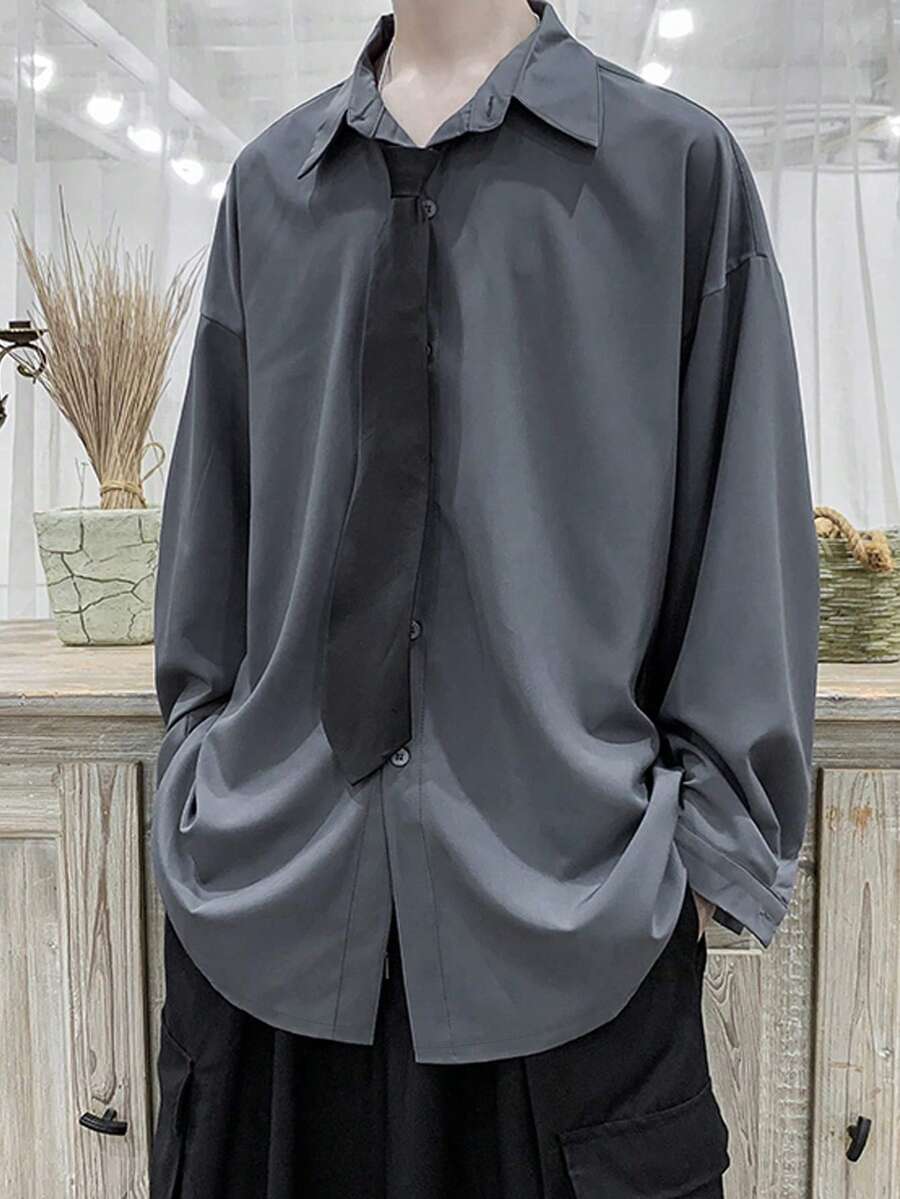 Claim Dot Men's Spring Autumn Casual Solid Color Drop Shoulder Loose Shirt Without Tie, Designer Oversized Shirt, Dark Grey Shirt, Fall, Long Sleeve Top - Dark Grey - View 1